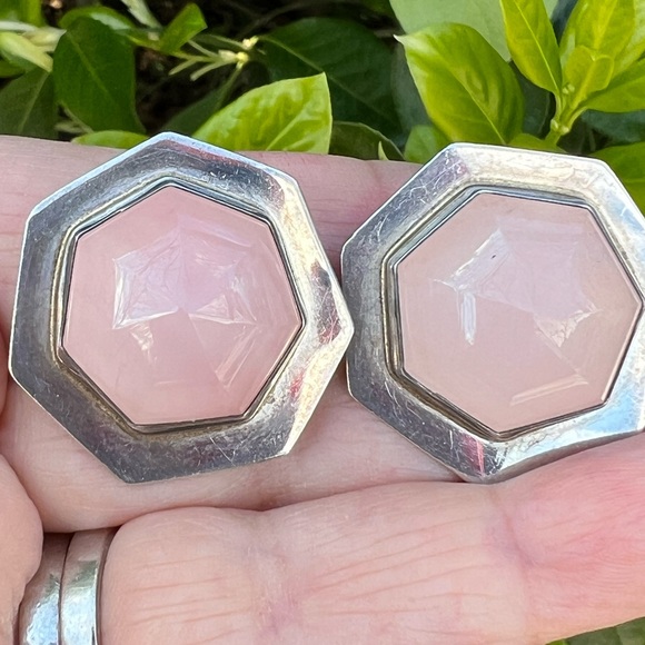 VINTAGE BARBARA SUCHERMAN FACETED ROSE QUARTZ LARGE EARRINGS MODERNIST STATEMENT